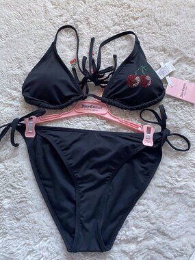 Juicy Couture Cherry Rhinestone Bikini‎ Set Ladies Women’s Sz L Black Bling NEW